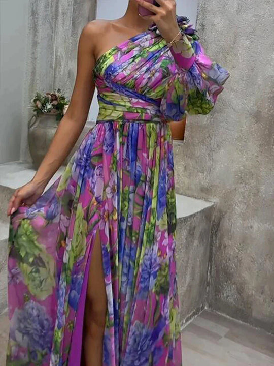 Dames Maxi Jurk Elegant Zijsplit en Eén Mouw - Lilac-1