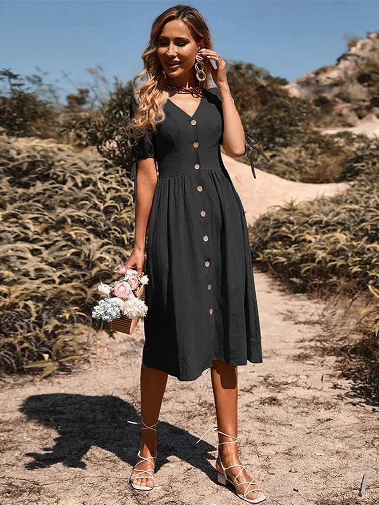 Dames Zomerjurk V-Hals Elegante Stijl met Elastische Taille - Annelies-4