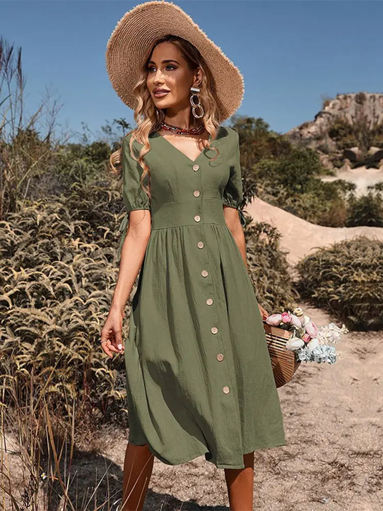 Dames Zomerjurk V-Hals Elegante Stijl met Elastische Taille - Annelies-1