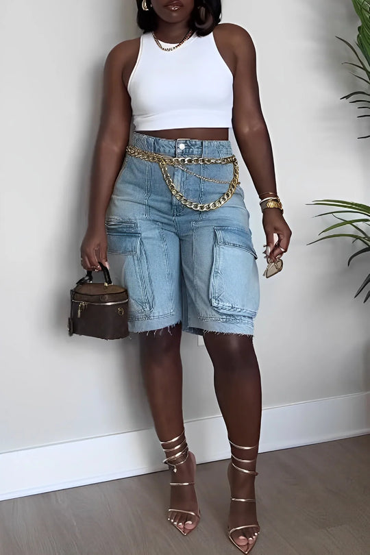 Dames Korte Broek Denim Cargo Comfortabele Pasvorm - Helena-2