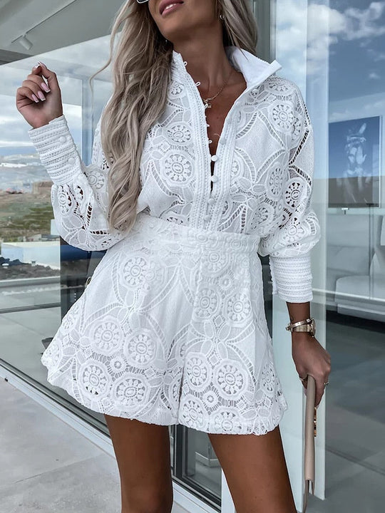 Dames Boho Chic Kanten Blouse en Hoge Taille Shortset - Kaya-4