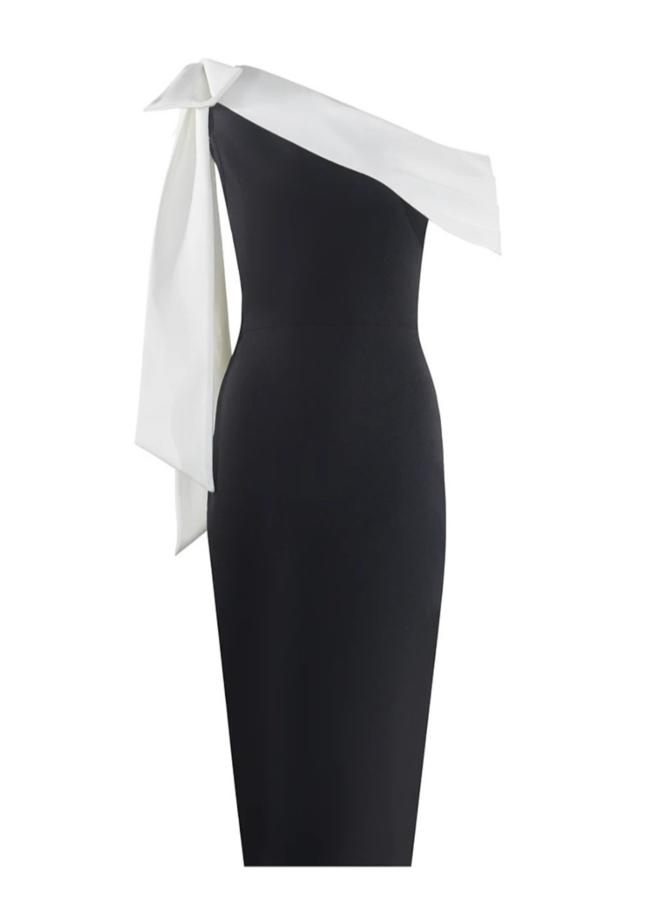 Variant image for Dames Off-Shoulder Midi Jurk met Strikdetail - Elegante Zwart-Witte Gala Jurk-1