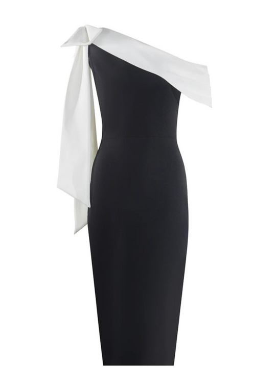 Variant image for Dames Off-Shoulder Midi Jurk met Strikdetail - Elegante Zwart-Witte Gala Jurk-1