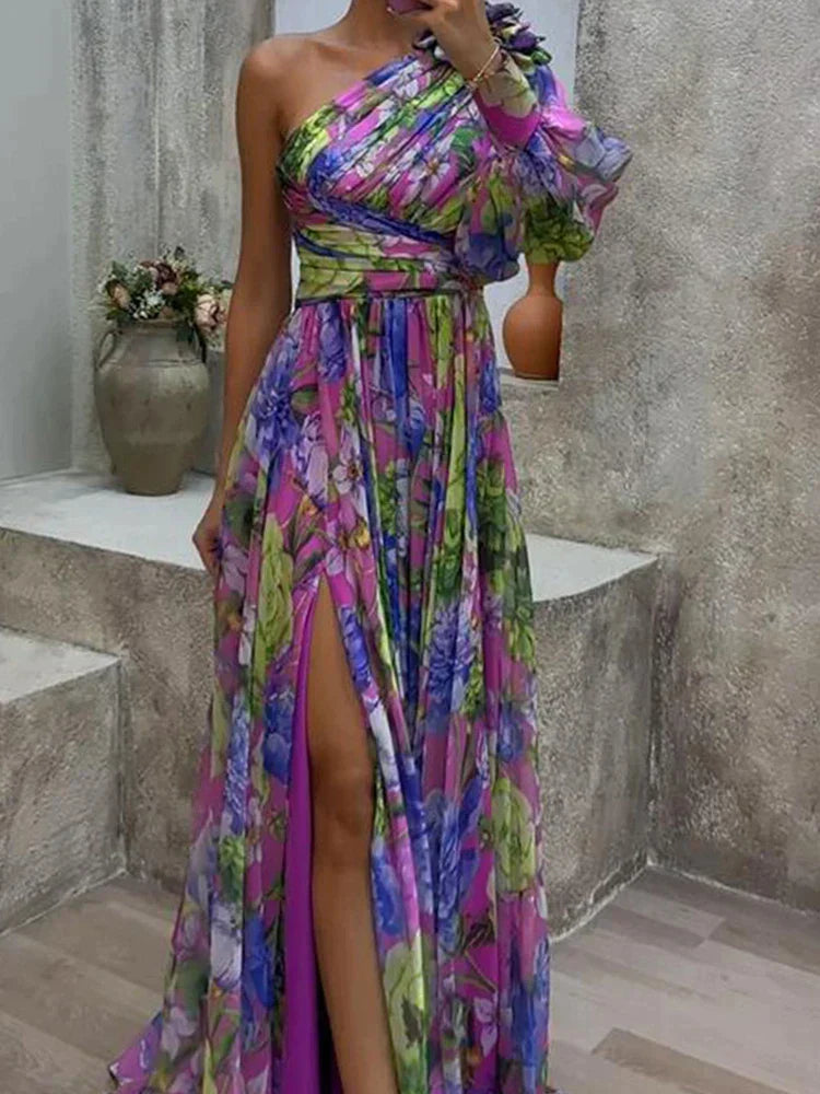 Dames Maxi Jurk Elegant Zijsplit en Eén Mouw - Lilac-3