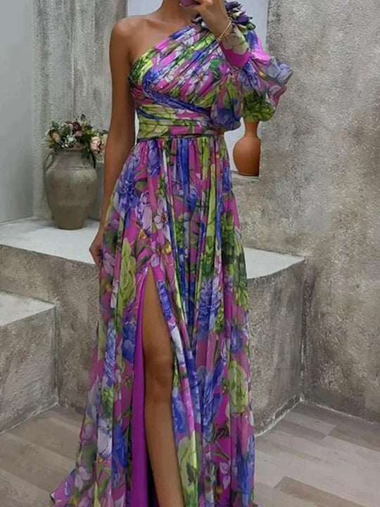 Dames Maxi Jurk Elegant Zijsplit en Eén Mouw - Lilac-3
