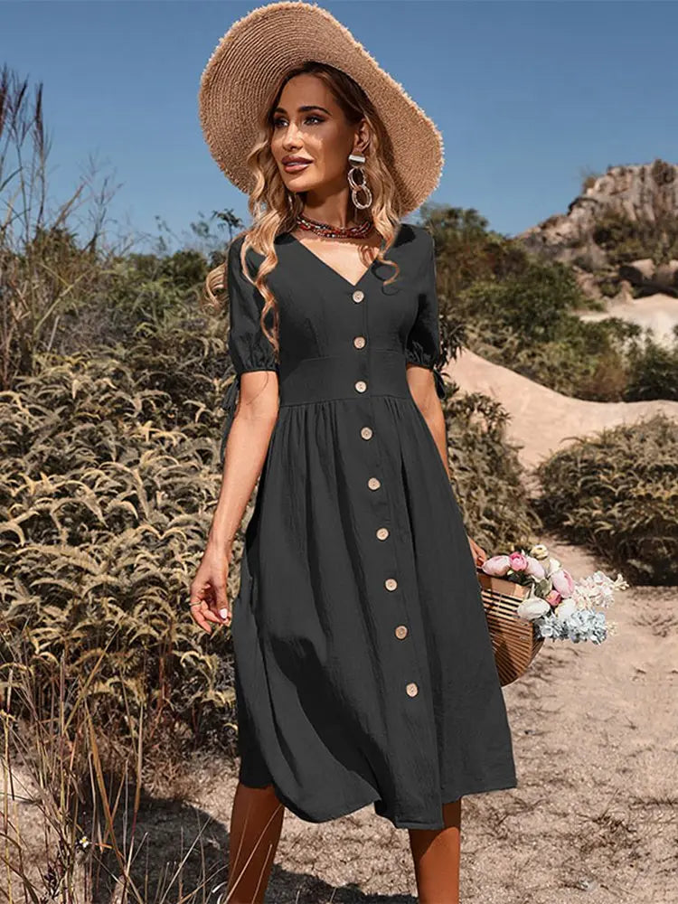 Dames Zomerjurk V-Hals Elegante Stijl met Elastische Taille - Annelies-2