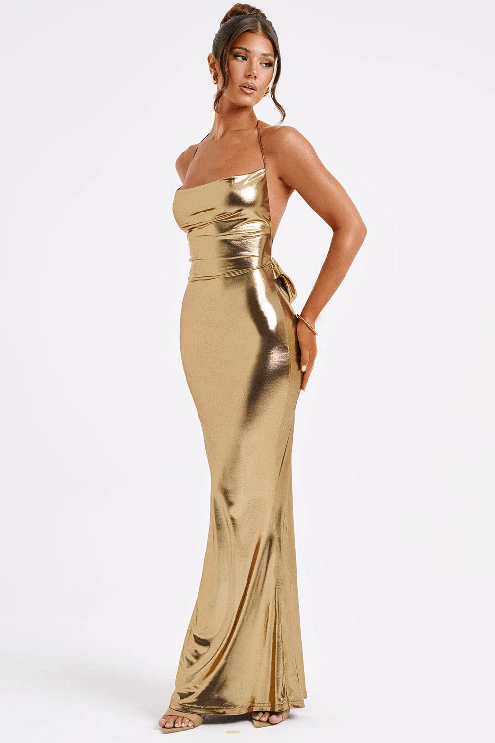 Dames Maxi Jurk Metallic Elegante Col Hals Met Lage Rug - Talisa-1