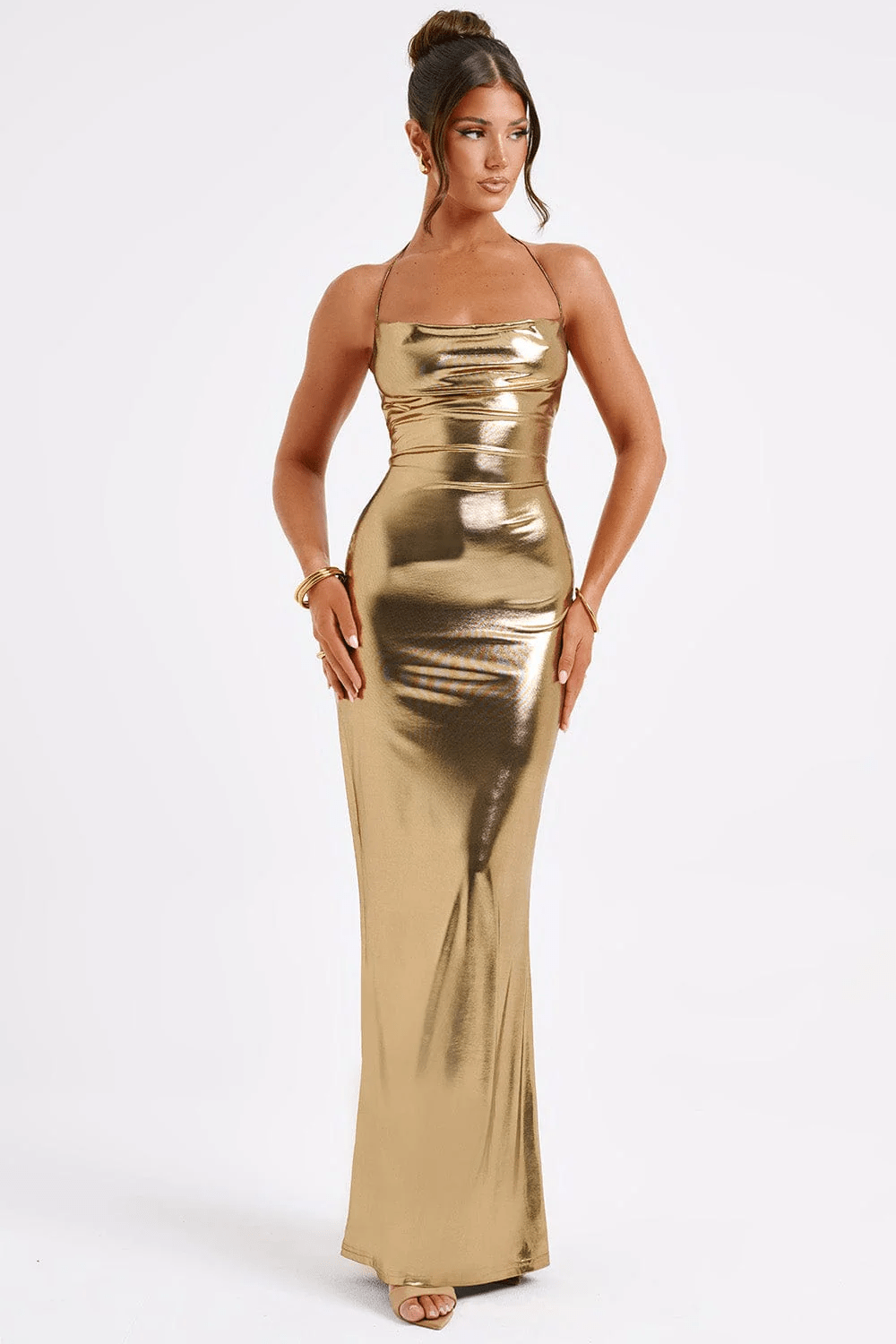 Dames Maxi Jurk Metallic Elegante Col Hals Met Lage Rug - Talisa-3