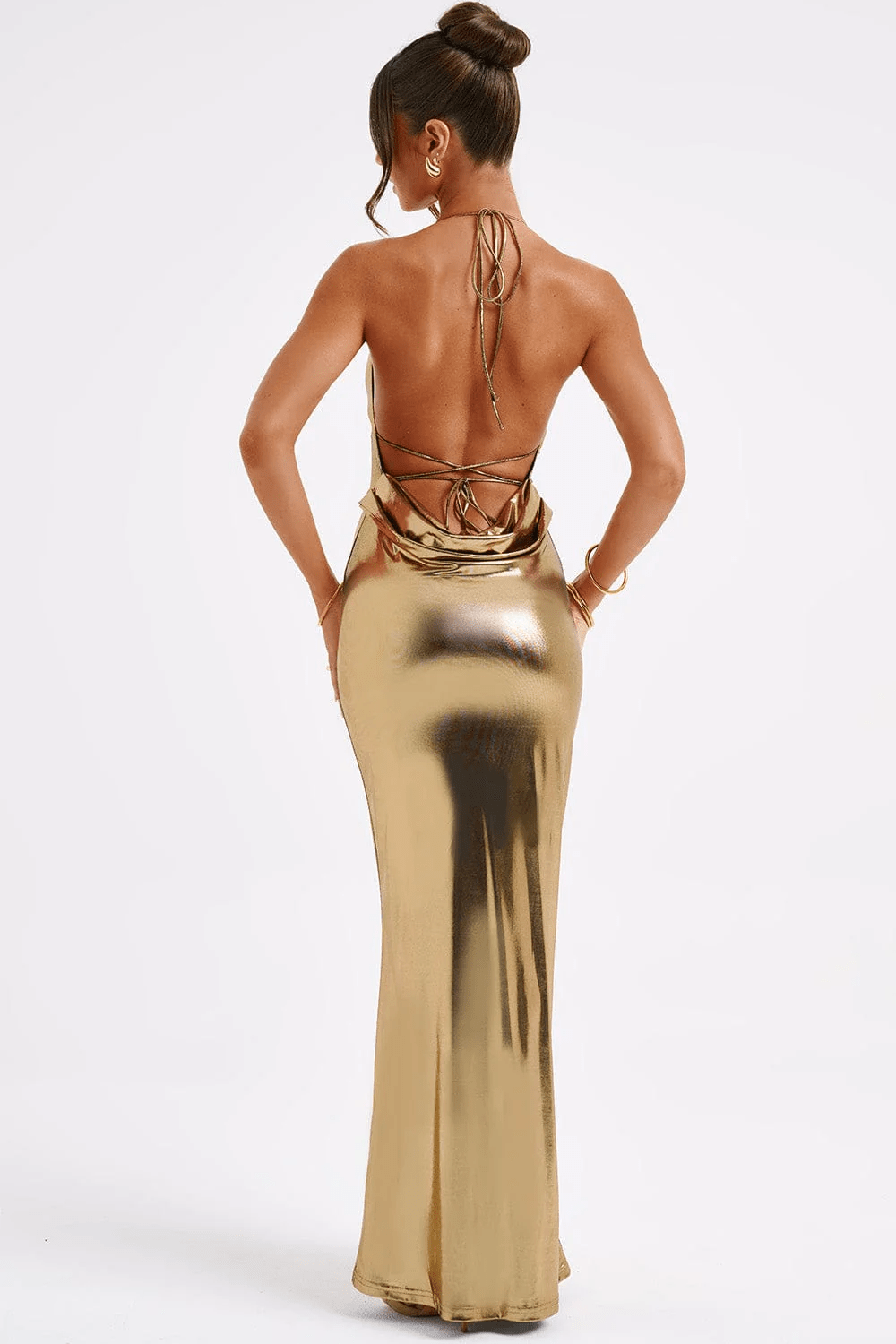 Dames Maxi Jurk Metallic Elegante Col Hals Met Lage Rug - Talisa-2
