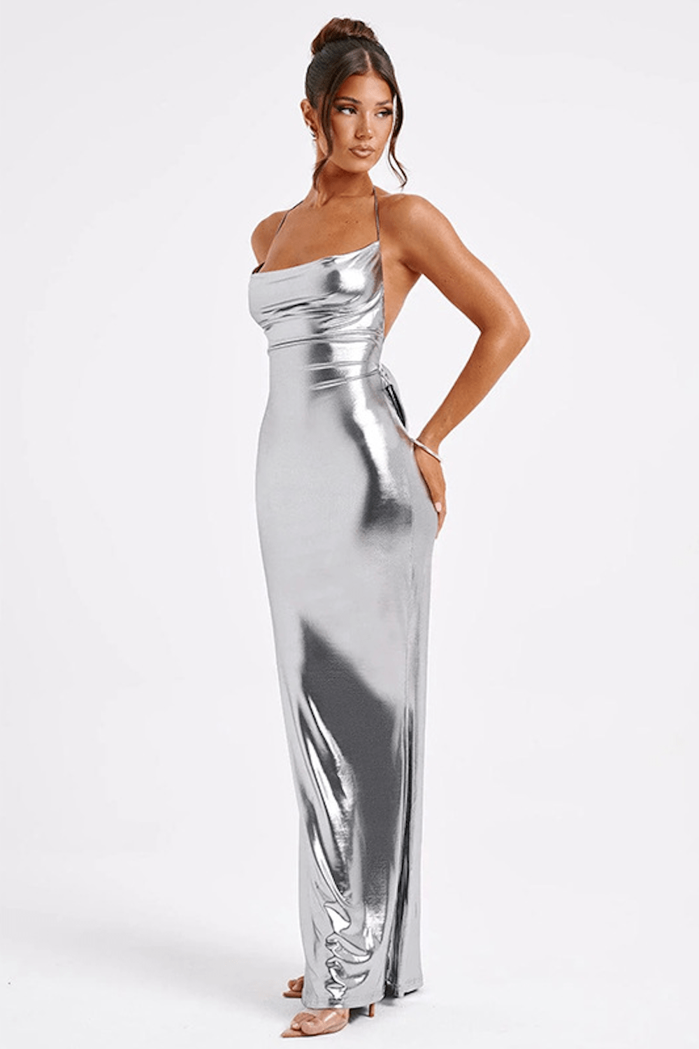 Variant image for Dames Maxi Jurk Metallic Elegante Col Hals Met Lage Rug - Talisa-4