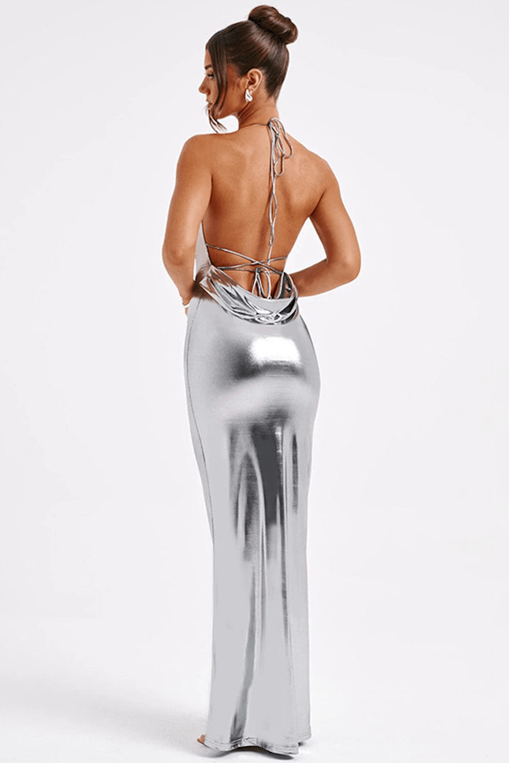 Dames Maxi Jurk Metallic Elegante Col Hals Met Lage Rug - Talisa-5