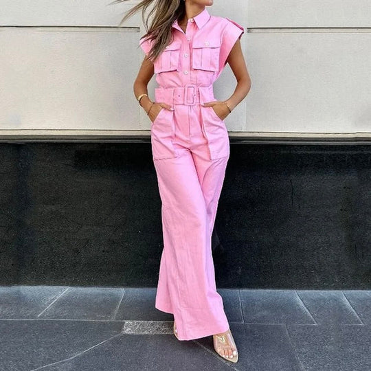 Dames Jumpsuit Feestelijk Roze Met Riem - Amalia-1