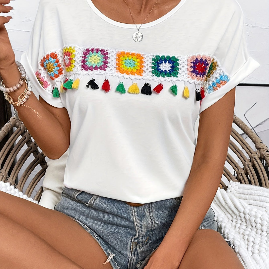Variant image for Dames T-shirt Korte Mouwen Boho Borduursel met Kwastjes - Rosalie-1
