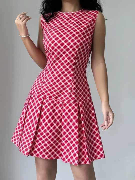 Dames Mouwloze A-lijn Jurk met Plooien en Ruitpatroon - Vintage Chic-5