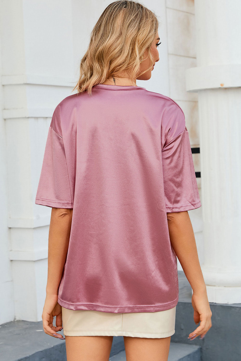Dames Oversized T-Shirt met Borstzak Zachtroze - Arabella-2