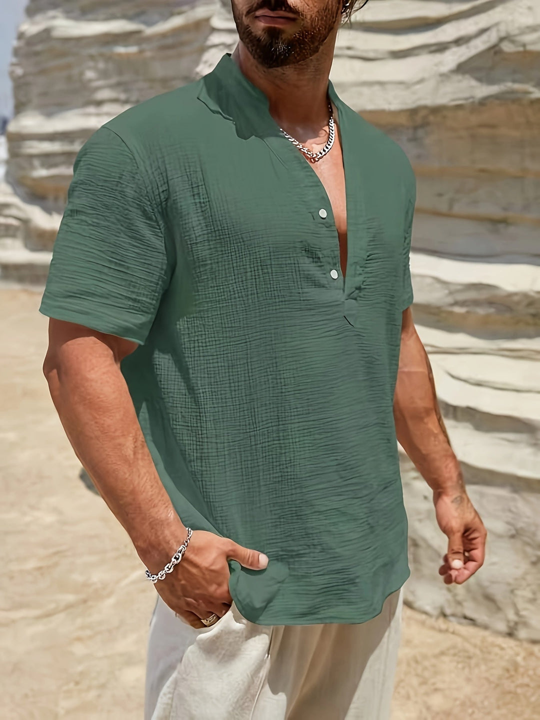Variant image for Heren T-Shirt Katoen Korte Mouwen Henley Design - Max-5