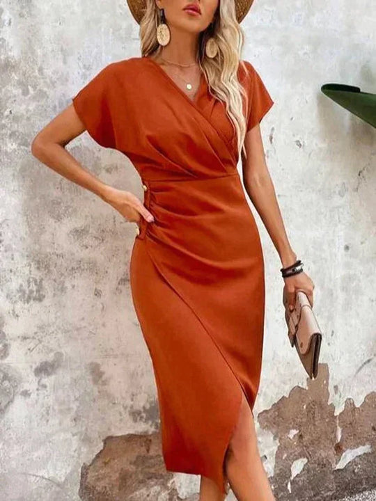 Dames Midi Jurk Elegante V-Hals Luxe Satijn - Eva-Maria-4