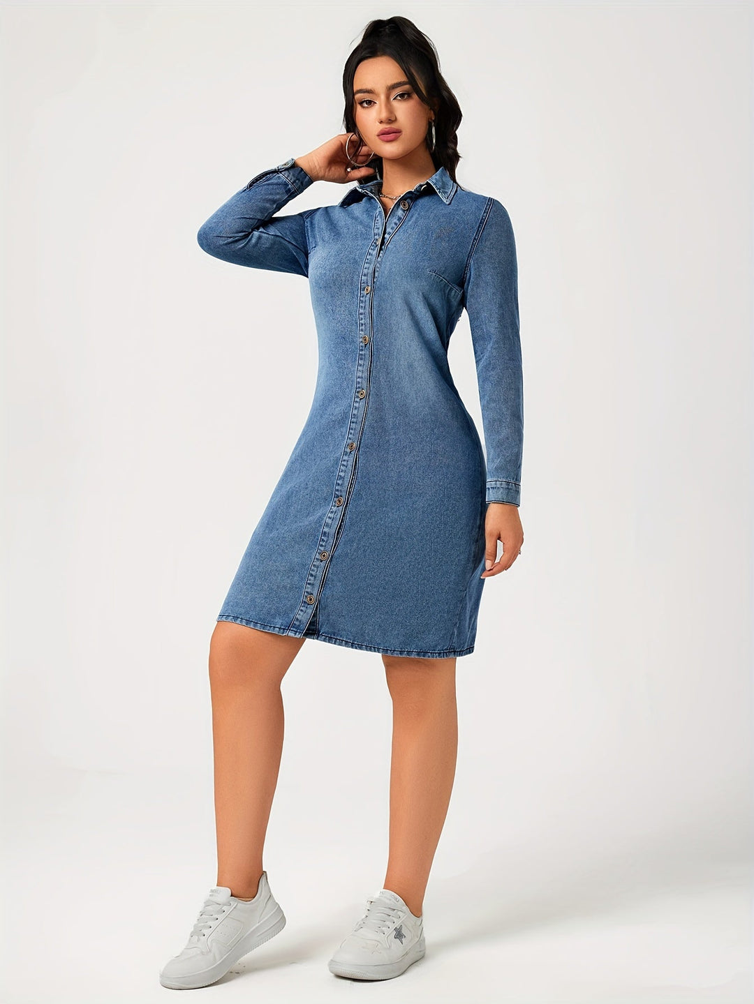 Dames Denim Jurk Lange Mouwen Eenvoudig Ontwerp - Sophie-4