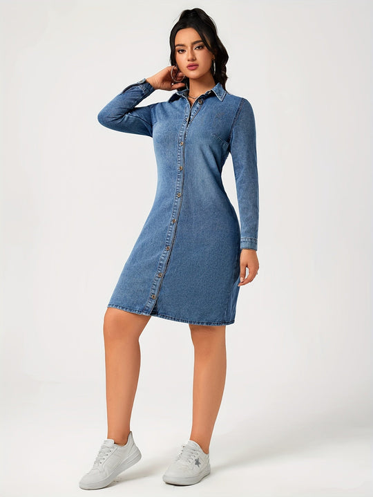 Dames Denim Jurk Lange Mouwen Eenvoudig Ontwerp - Sophie-4