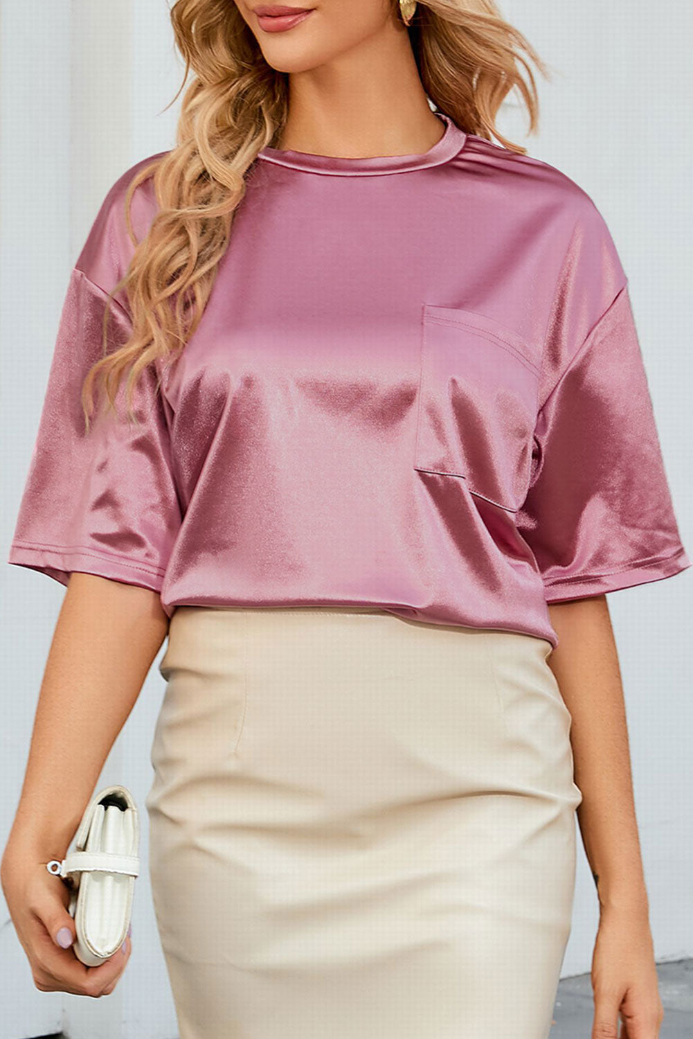 Dames Oversized T-Shirt met Borstzak Zachtroze - Arabella-6
