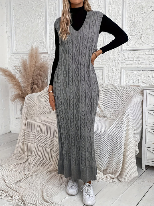 Dames Mouwloze Maxi Jurk Elegant Kabelpatroon V-hals - Evelien-3