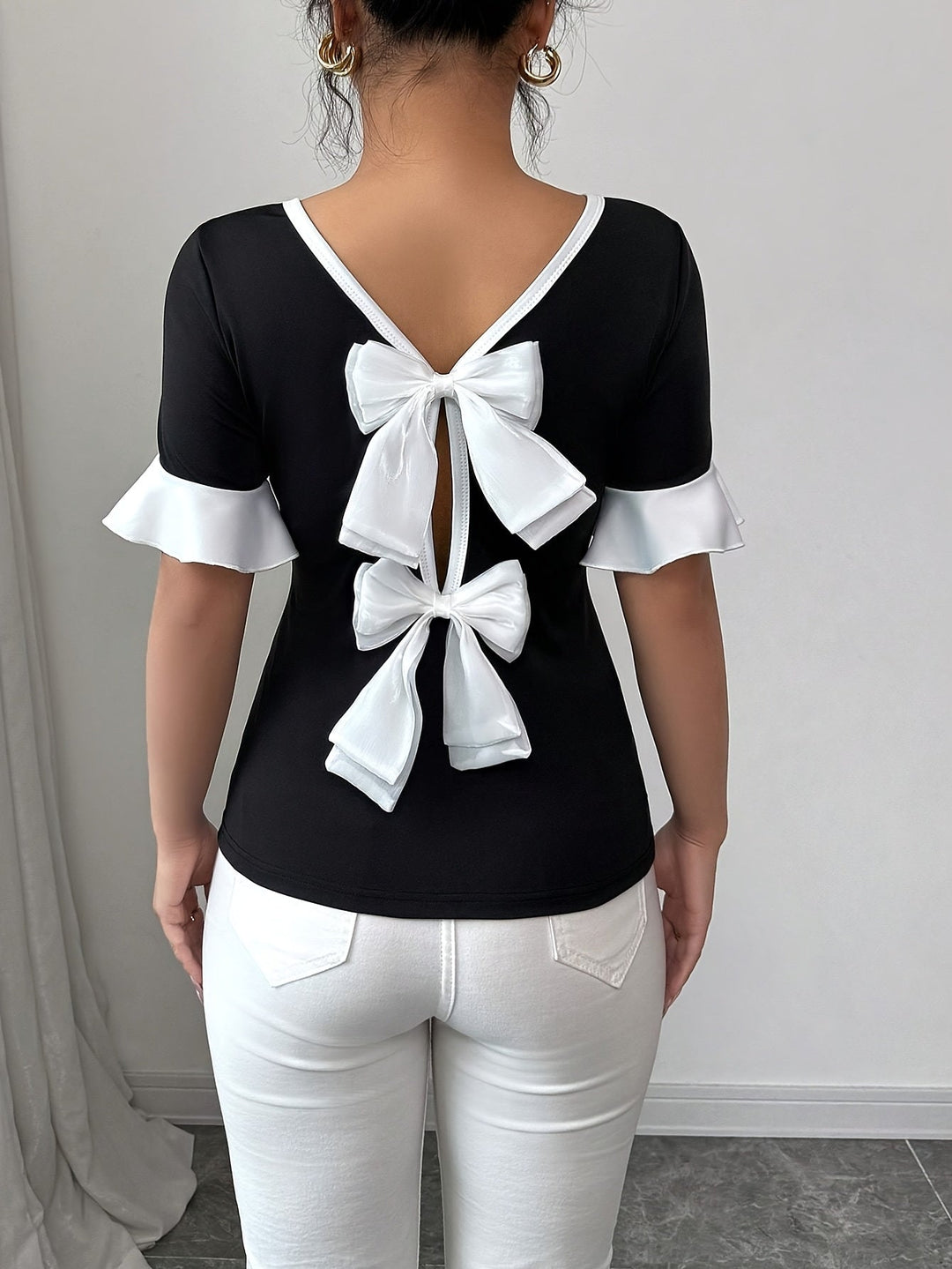 Dames T-shirt Korte Mouwen met Strikdetail - Katica-3