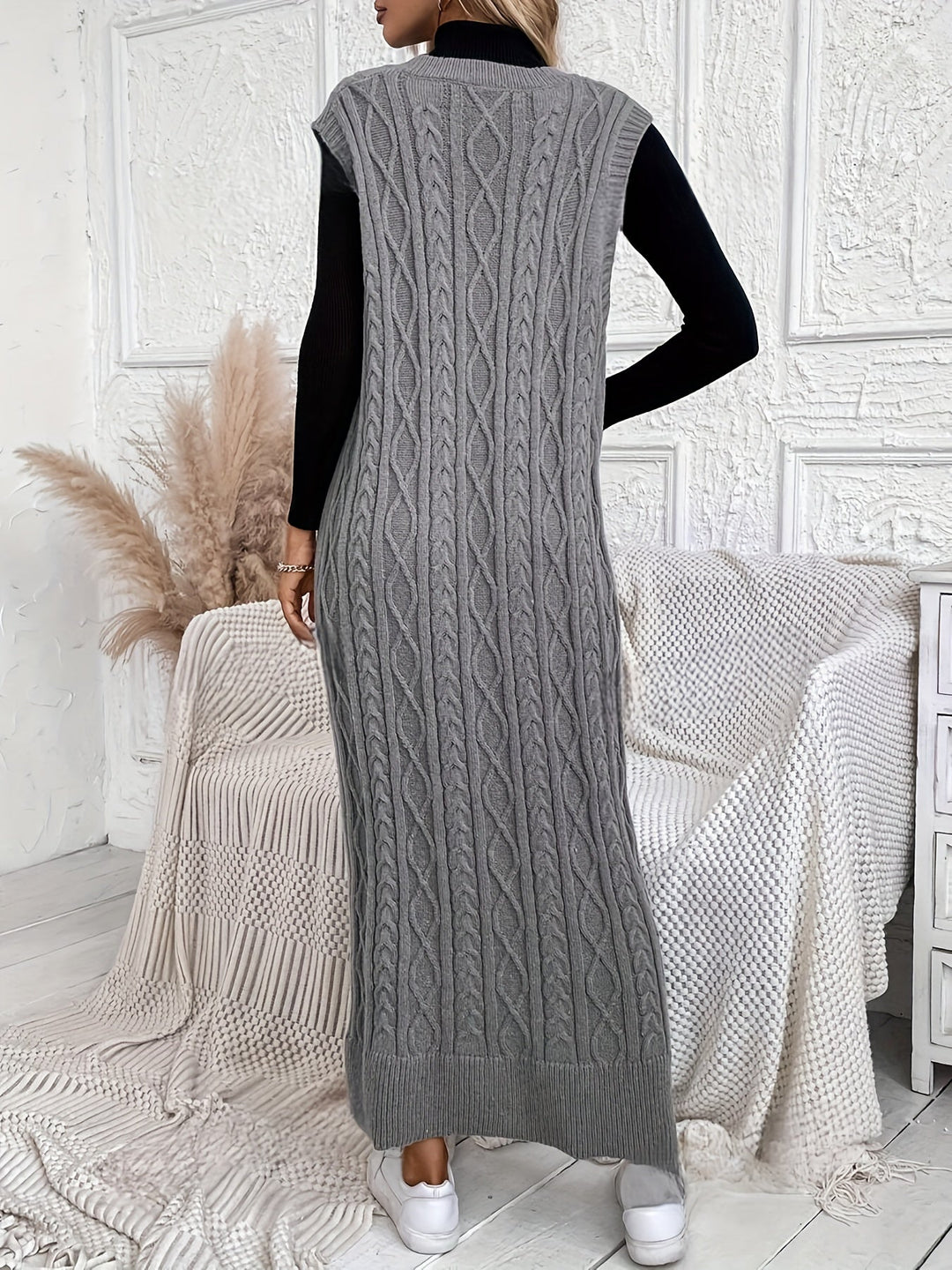 Dames Mouwloze Maxi Jurk Elegant Kabelpatroon V-hals - Evelien-5