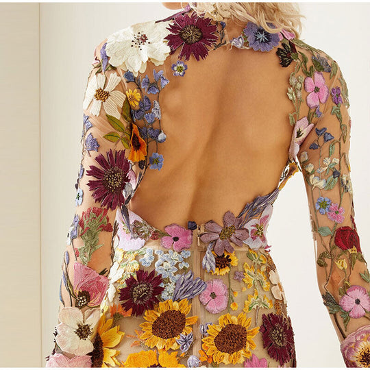 Dames Midi Jurk Bloemdecoratie Elegante Hoge Halslijn - Flora-2