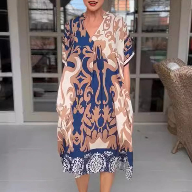 Dames Midi-Jurk Elegante V-hals met Unieke Print - Bente-1