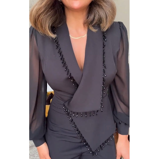 Dames Jumpsuit Zwart Met Pailletten Blazer-Stijl - Marie-6