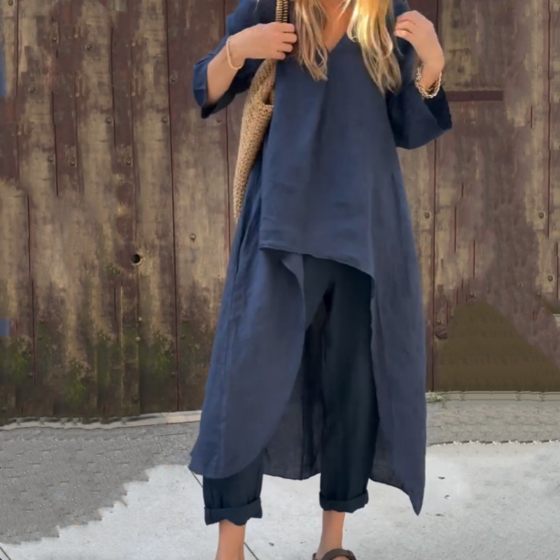 Dames Co Ord Set Linnen Elegante Asymmetrische Blouse en Losvallende Broek - Marissa-6