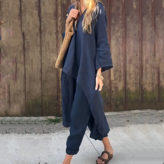 Dames Co Ord Set Linnen Elegante Asymmetrische Blouse en Losvallende Broek - Marissa-4