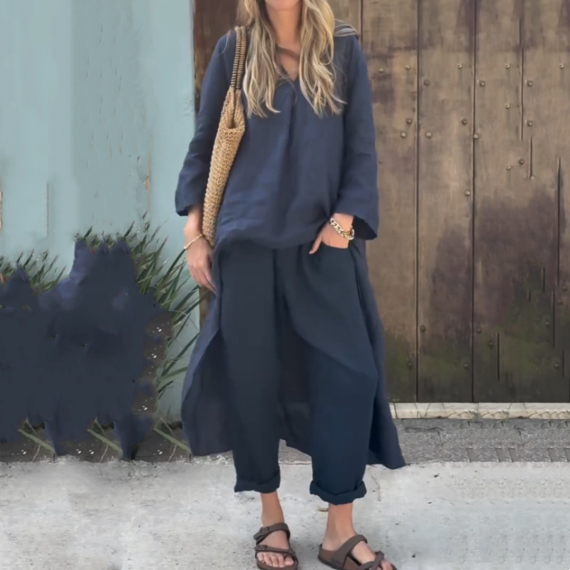 Dames Co Ord Set Linnen Elegante Asymmetrische Blouse en Losvallende Broek - Marissa-2