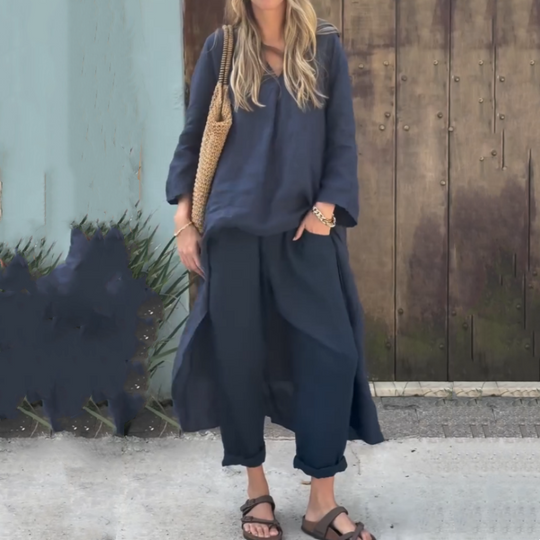 Dames Co Ord Set Linnen Elegante Asymmetrische Blouse en Losvallende Broek - Marissa-2