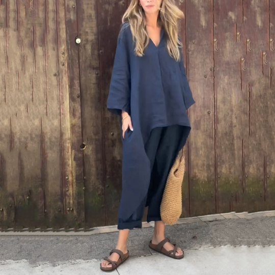 Dames Co Ord Set Linnen Elegante Asymmetrische Blouse en Losvallende Broek - Marissa-3